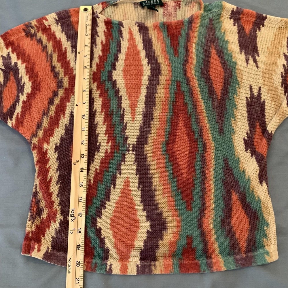 Lauren Ralph Lauren Sweater Womens Small Multicolor Tribal Short Sleeve Linen - Picture 4 of 6